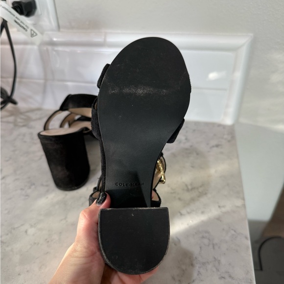 Cole Haan Black Suede Sandals with Gold Buckle - Picture 3 of 3